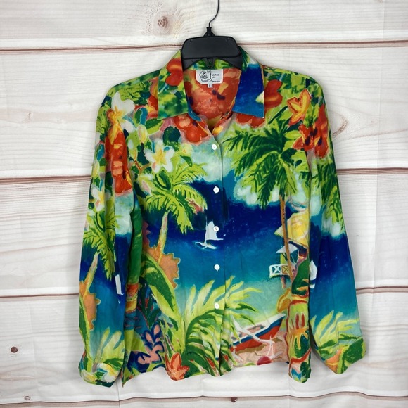 Michael Leu Tops - Michael Leu Top Women L Silk Tropical Print Shirt Long Sleeve Art to Wear Floral